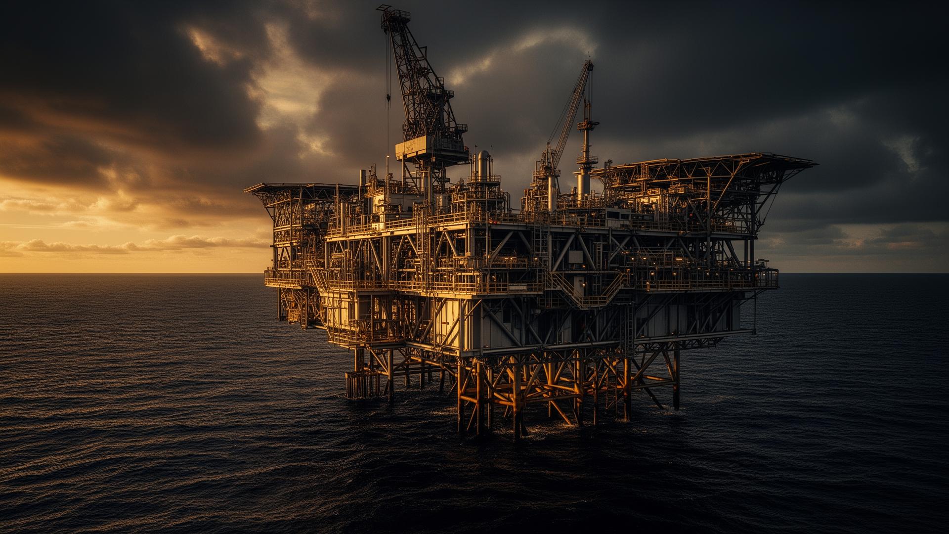 Offshore oil and gas platform at golden hour